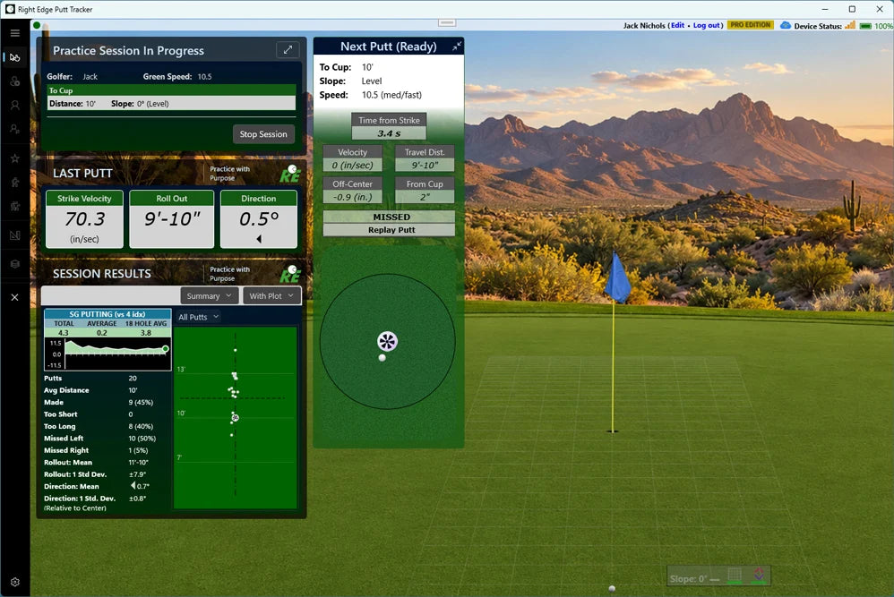 Actual Right Edge practice session showing rollout distance, direction and session results